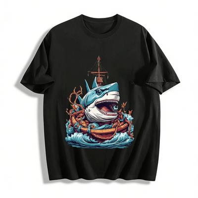 Vintage Giant Shark Ship Crash Graphic Novelty Tee Pure Cotton T-shirt