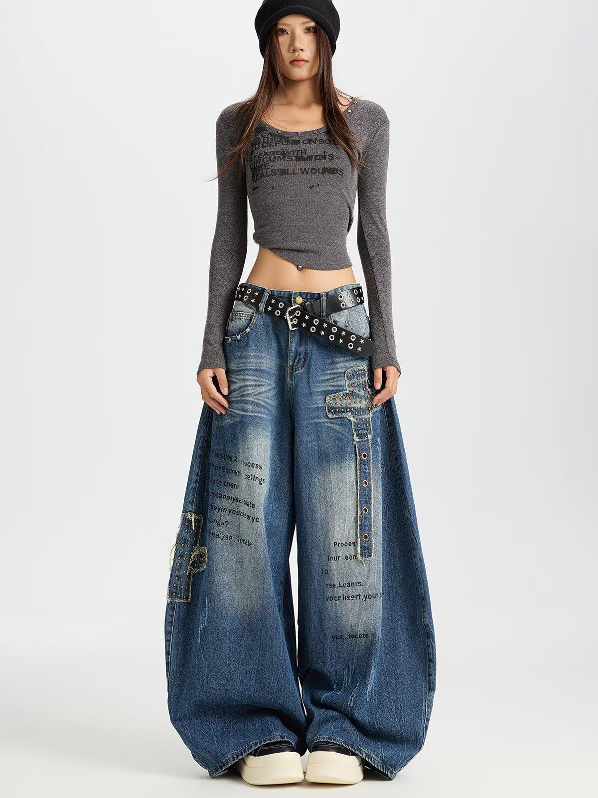 Women s Retro Patchwork Scythe Jeans - Wide-Leg Rivet Design 2XL