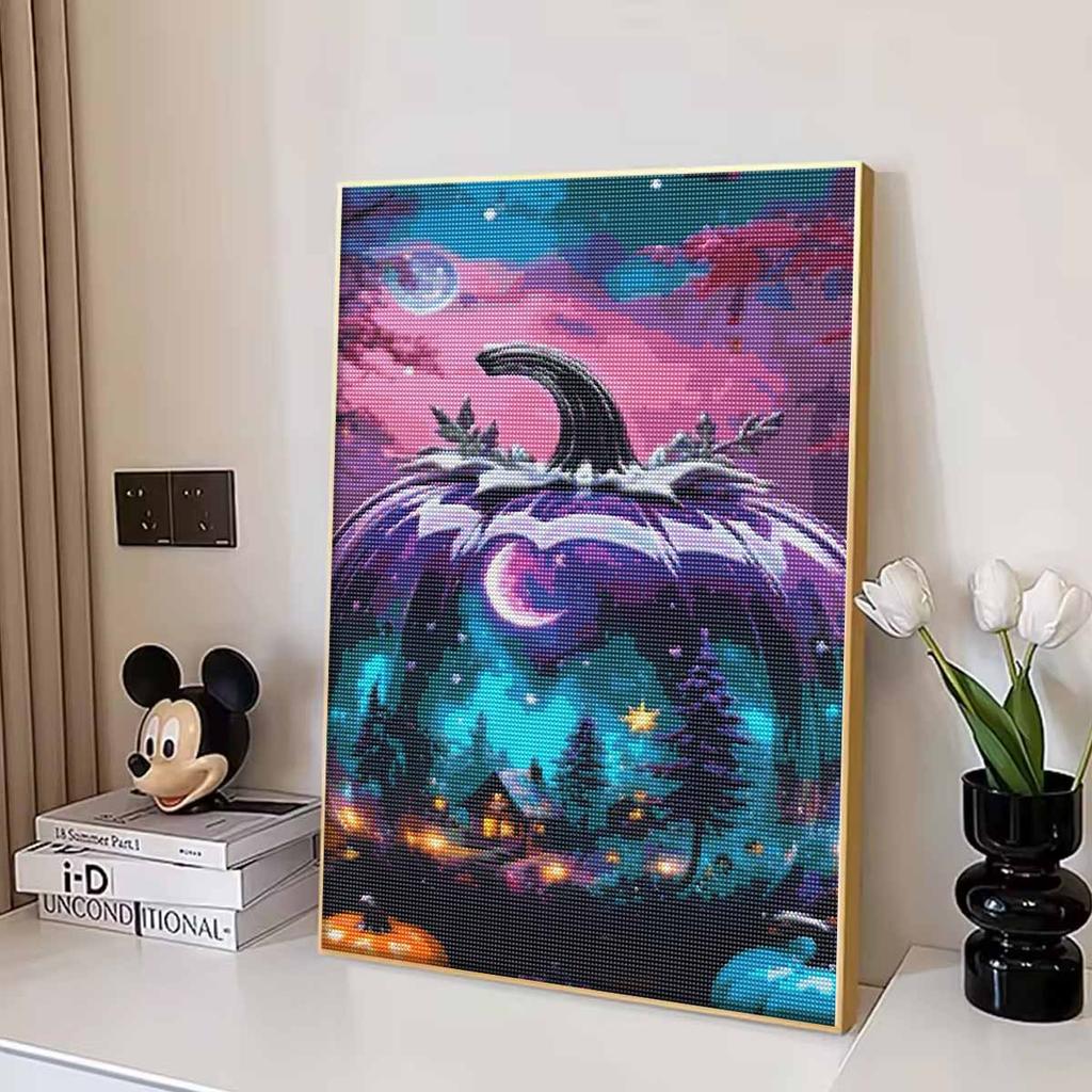 5D Diamond Painting Kit Purple Pumpkin Landscape Moonlight Cabin Pattern DIY Rhinestone Art Canvas Relaxing Craft for Wall Decor Gift