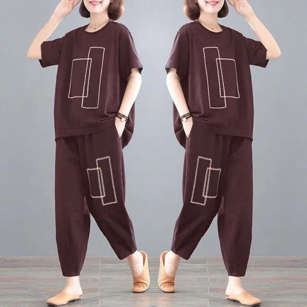 

Костюм для полных женщин больших размеров, летняя одежда, покрывающая живот, свободный и тонкий, повседневный спортивный костюм из двух частей с принтом M кофейный