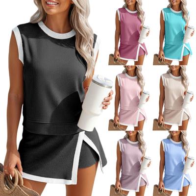 Modisches Lässiges Damen Fitness Farbblock Split Front Freiliegendes Tanktop Set
