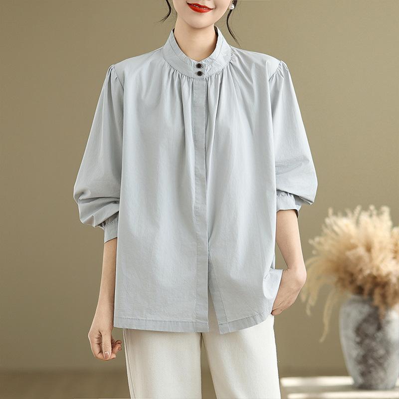 Spring Literature Loose Solid Color Stand Up Collar Lantern Sleeves Long Sleeved Shirt Women's Shirt Top Blouses & Shirts