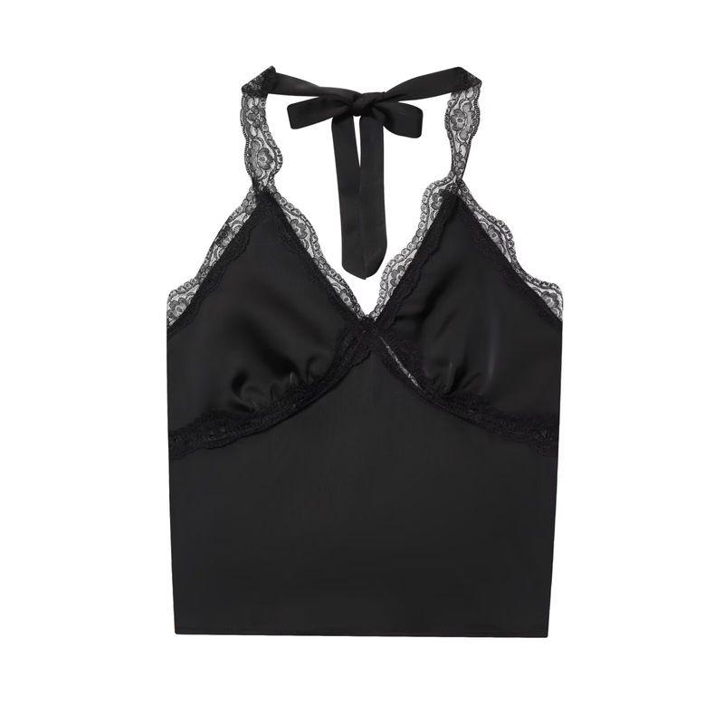 Za Autumn New Arrivals Women's Clothing Zr European and American Style Lace Halter V-Neck Double-Sided Satin Short Backless Camisole Top