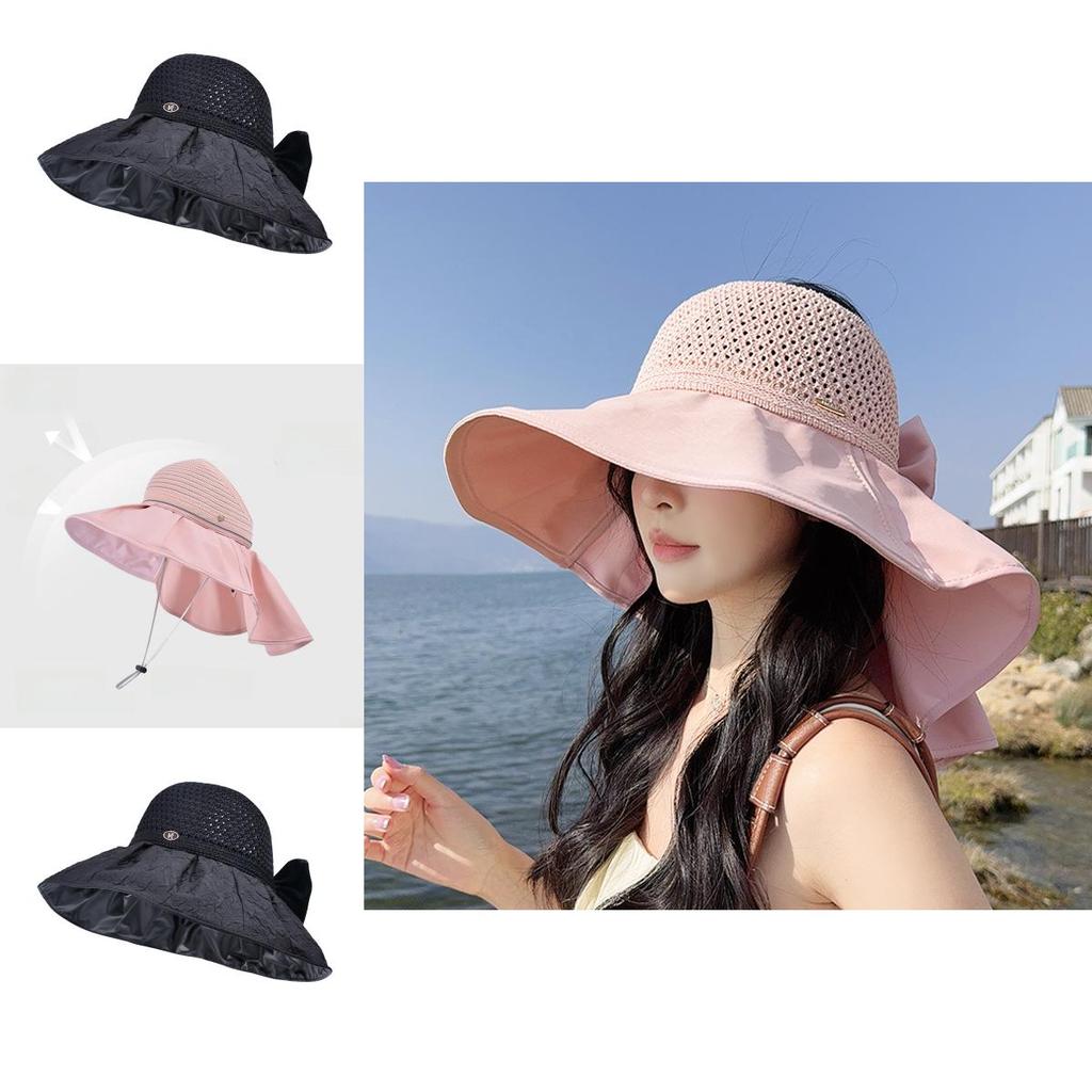 Sun Protection Wide Brim Hat With Shoulder Cape For Women Summer Fashion Accessory