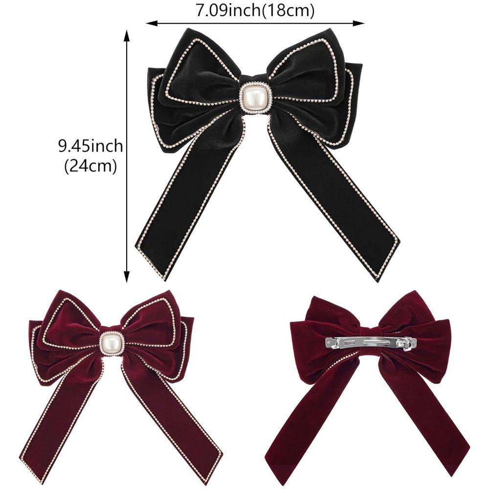 Cute Cloth Red Velvet Bow Hair Clip Rhinestone Wine Red Bowknot Spring Clip Pearl Hair Claw New Year Hairpin Women
