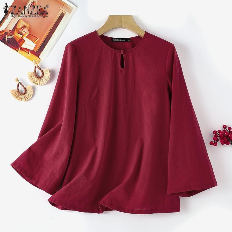 

ZANZEA Женская повседневная хлопковая блузка с круглым вырезом и расклешенными рукавами Топы