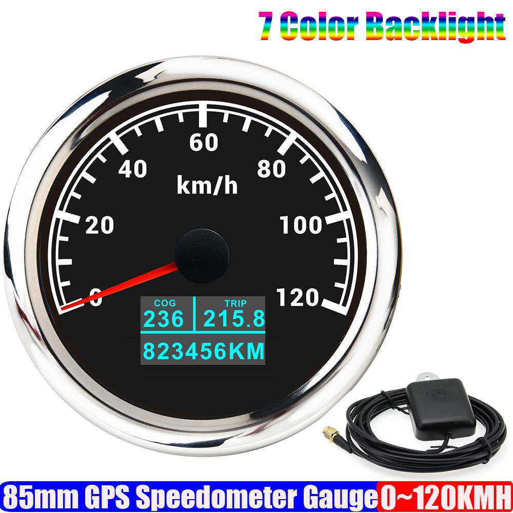 7 Color LED Auto Car 85mm GPS Speedometer Gauge with GPS Antenna 30KMH,60KMH,120KMH,200KMH Marine Boat Yacht COG TRIP Odometer