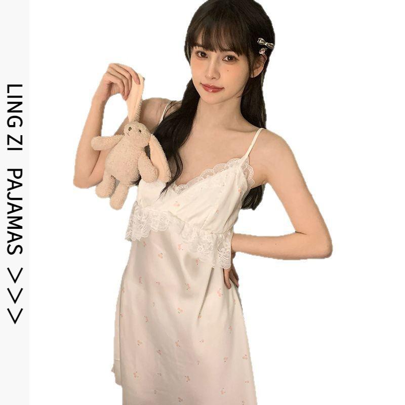 1011 New Ice Silk Pajamas Lace Suspenders Retro Style Thin High-end Casual Can Be Worn Outside Loungewear Set