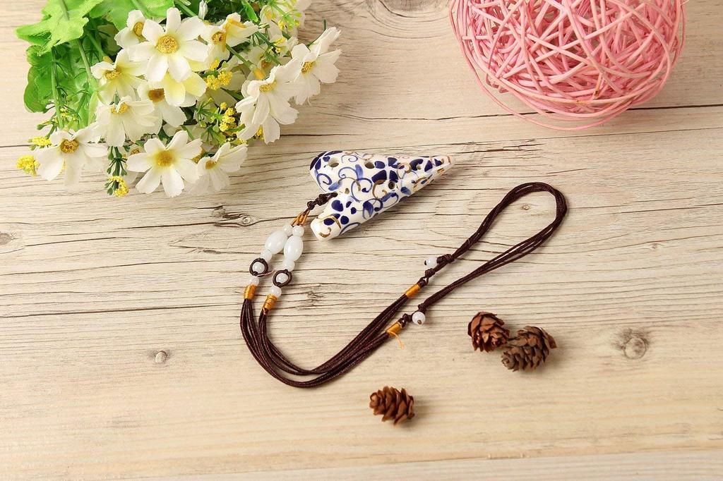 TNG Mini Ocarina 6 Holes Gun Luxury Necklace Single F Key Ocarina Wind Instrument Blue Flower Porcelain [Pendant / / Type]