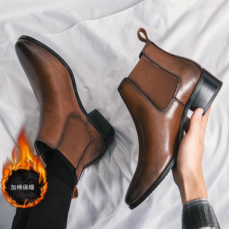 Fashion Chelsea Boots for Men Red Sole Pu Ankle Business Round Toe Slip-On Mens Boots Size 38-44 Men Shoes Zapatos Hombre