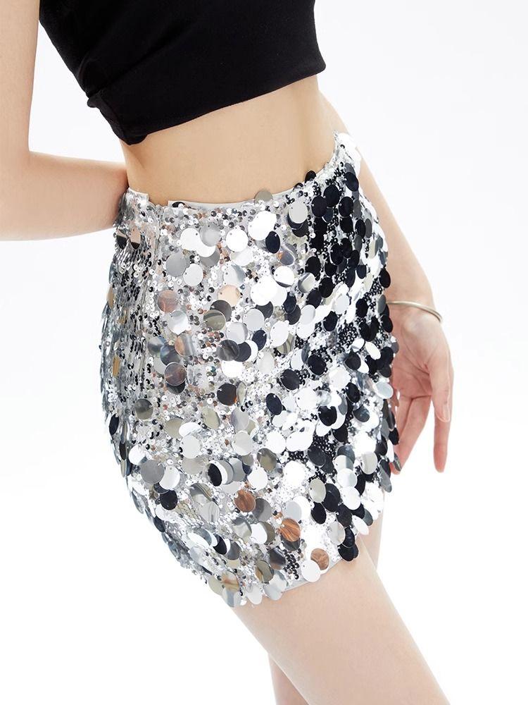 Irregular High Waist Sparkling Sequin Mini Skirt Women Summer Y2k Clothes Ultra Short Bottoms Silver Sexy Club Skirts