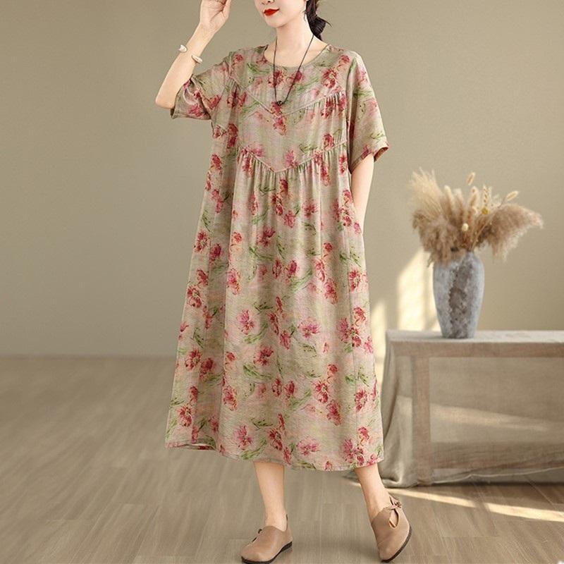 

Короткий рукав Плюс размер Хлопок лен винтажный цветочный новый в платьях для женщин повседневное свободное длинное летнее платье