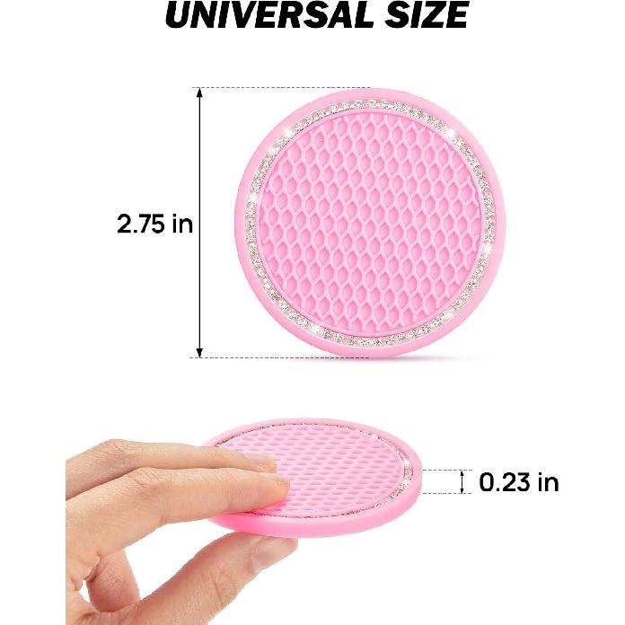 JOYTUTUS Cup Holder Coasters for Car, 2 Pack Universal Anti-Slip Car Coasters with Crystal Rhinestone, 2.75 inch/6.98 cm PVC Cup Holder ert Coaster,