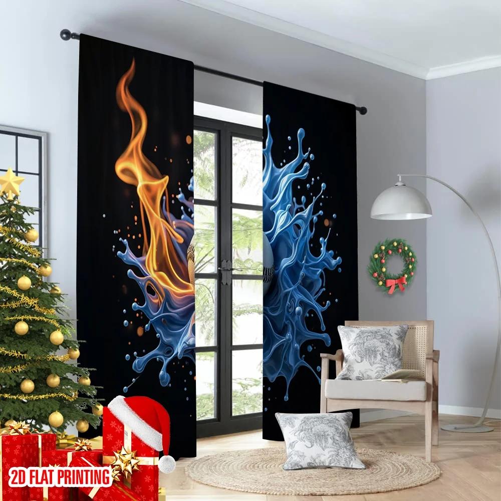 Flat Printing Curtain Fire Water Soccer Ball Digital Printed Polyester Drapes Festive Holiday Use Door Wall Yard All Curtains Set Of 2 Made