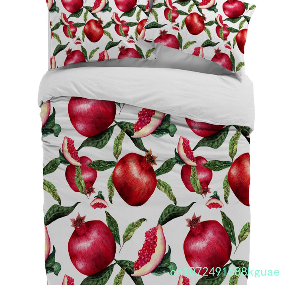 Sommerfrucht Roter Granatapfel Grünes Blatt Bettbezug mit Kissenbezug Kundenspezifisches 3-teiliges Bettwäscheset Steppdeckenbezug Doppelbett Heimtextil