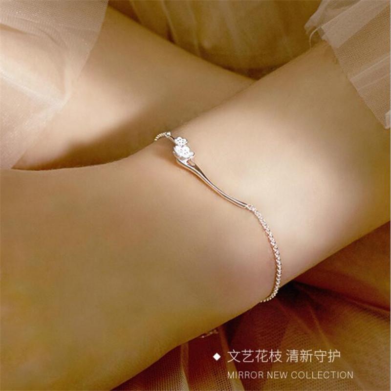 Neue Mode Pfirsichblüten Zweig Niedlich Literarisch Frische Blumen 925 Sterling Silber Schmuck Kirschblüte Damen Armbänder SL085