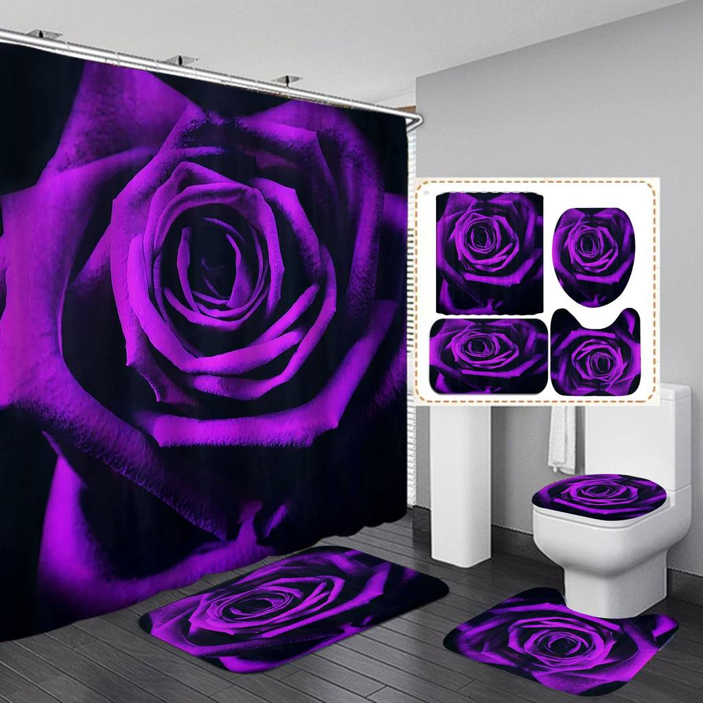 Valentines Shower Curtain Set Romantic Red Rose Flowers And Wine Shower Curtain Set With Non-Slip Rug Toilet Lid Cover Bath Mat