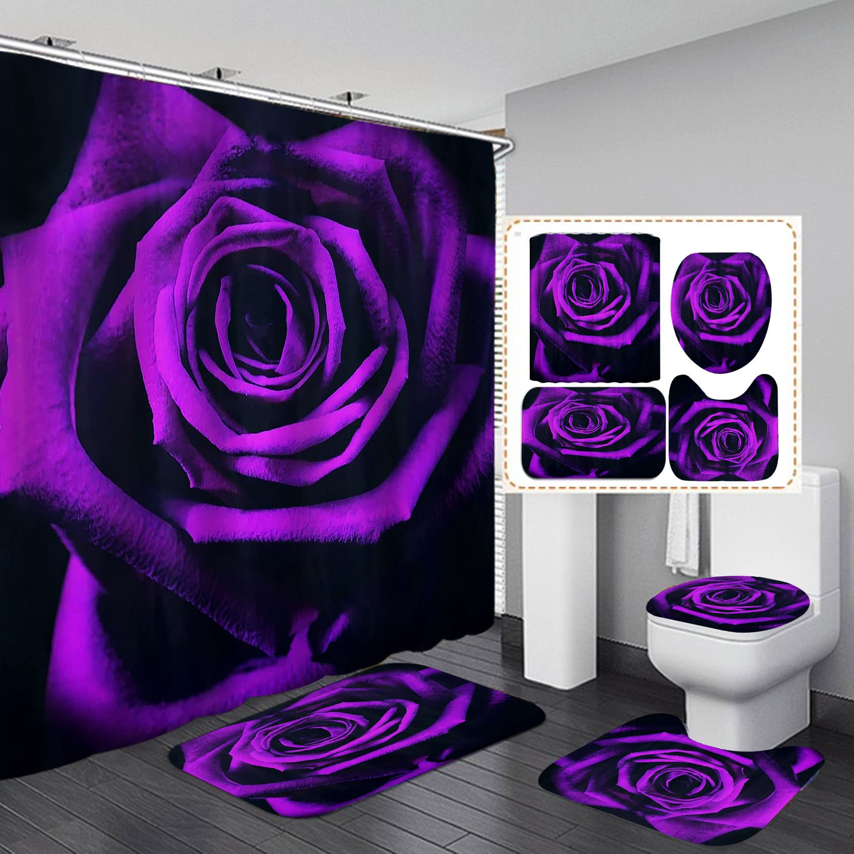 

Valentines Shower Curtain Set Romantic Red Rose Flowers And Wine Shower Curtain Set With Non-Slip Rug Toilet Lid Cover Bath Mat W60H190(CM)-1 Pcs