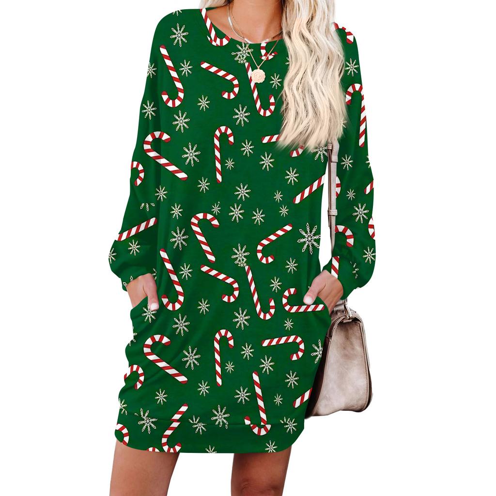 Damska modna sukienka z długim rękawem, z okrągłym dekoltem i kieszenią, w nadruk płatków śniegu