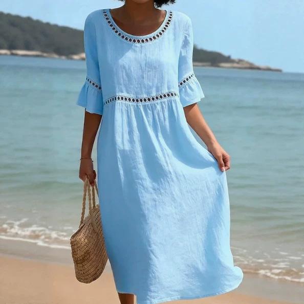 Vestido Feminino Casual Elegante de Gola Redonda e Manga Longa de Cor Sólida - Novo Estilo Primavera/Verão