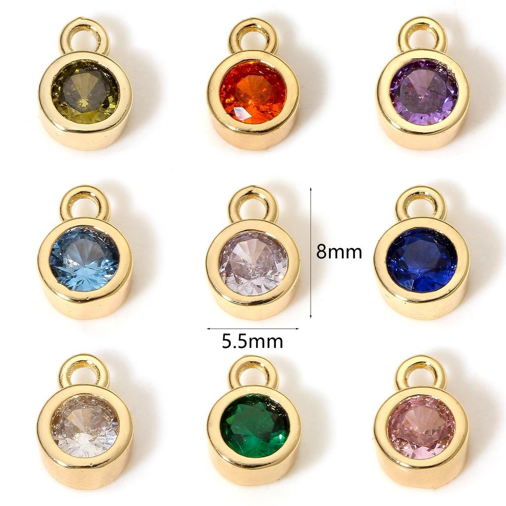 2PCs Classic Brass Birthstone Charms For Necklace DIY 18K Real Gold Plated Round Multicolour Cubic Zirconia Pendant 8mm x 5.5mm