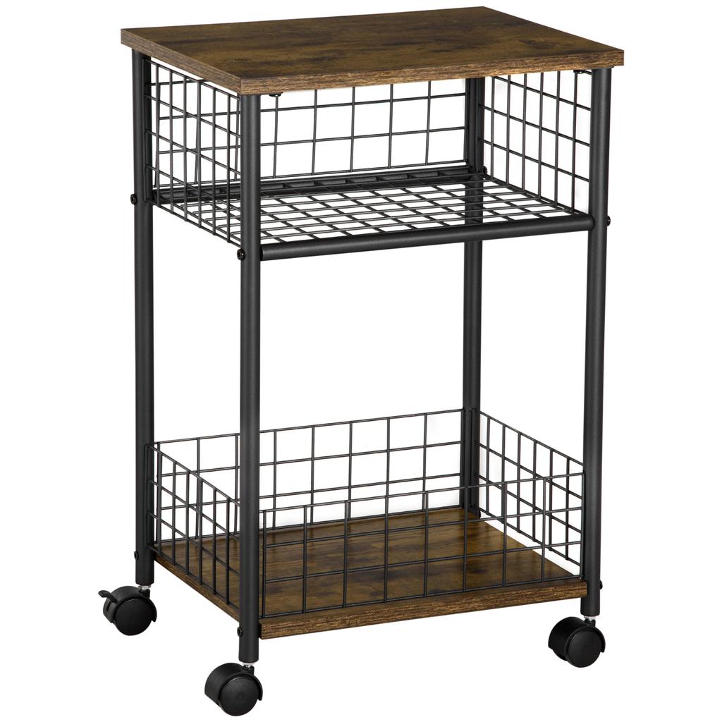 Industrial Design Kitchen Cart 1 Shelf 1 Storage Basket 4 Wheels 40 cm x 30 cm x 62 cm Steel Black + Brown