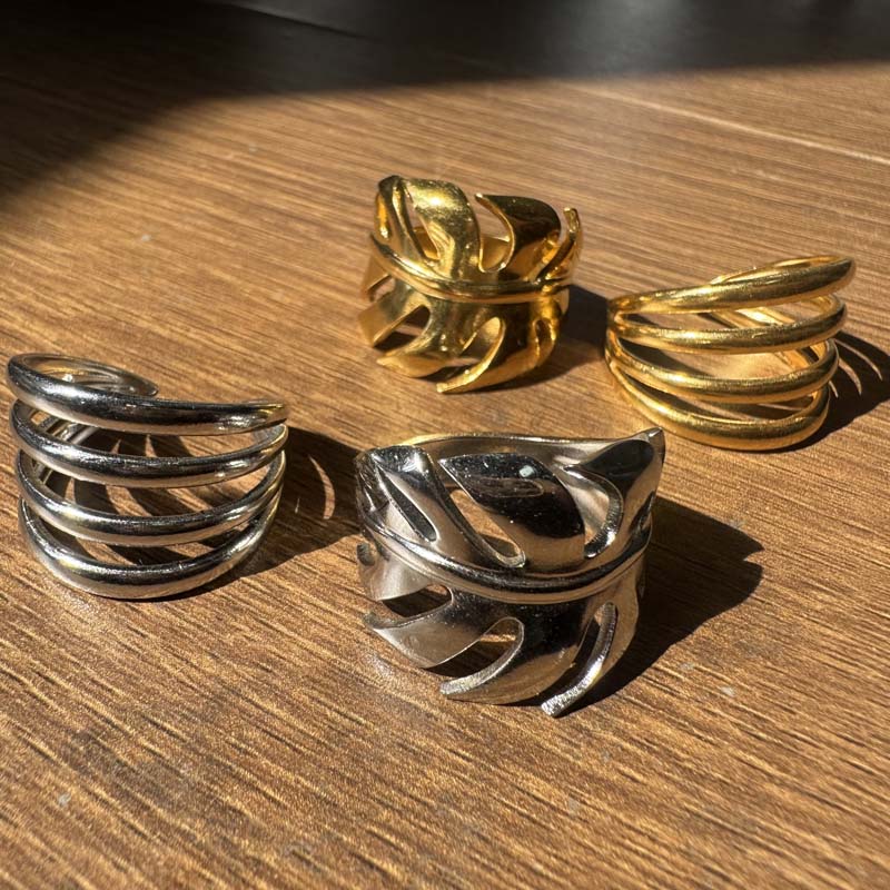 Unique Leaf Rings Stainless Steel Geometric Multi-Layer Hollow Line Open Rings for Women Men Anti Allergenic Waterproof Jewelry