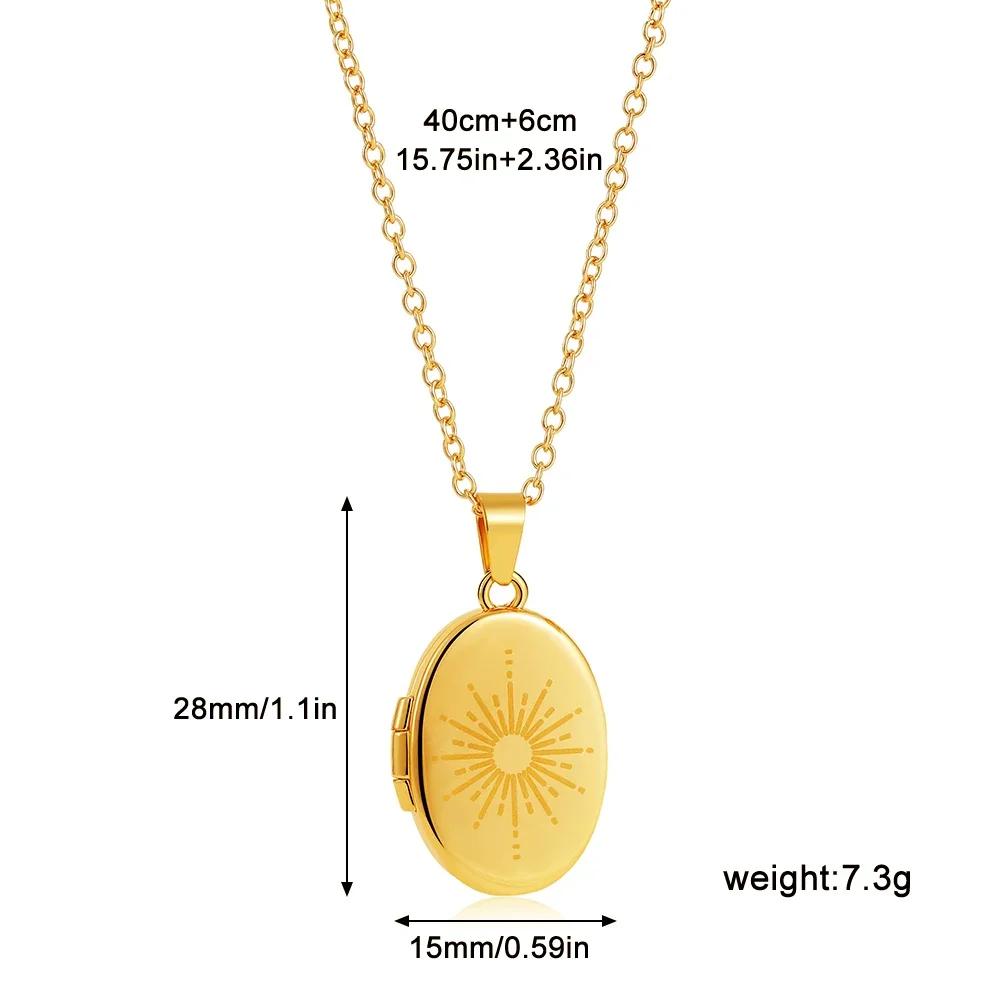 Gold Color Elliptic Sun Moon Eye Pendant Necklace Stainless Steel Geometric Opening Closing Photo Box Choker Trendy Jewelry