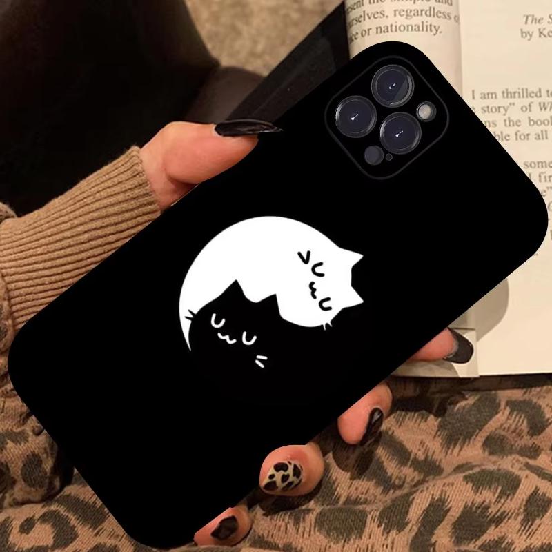 Cartoon Black Cat Line Phone Case For iPhone 15 11 12 14 13 Pro Max Mini XSM XR SE 7 8 Plus Cute Kitten Mobile Phone Cover Funda