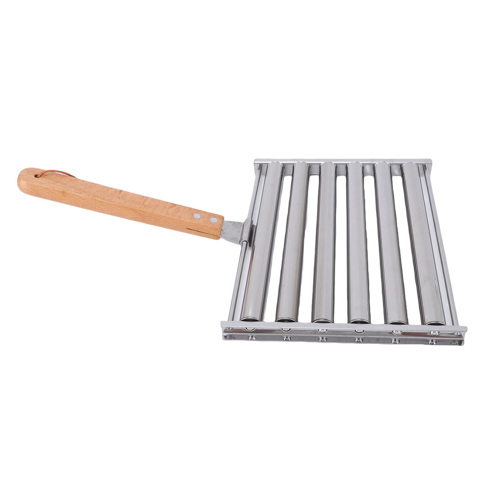

Hot Dog Roller Sausage Rack with Wood Handle Stainless Steel BBQ Hot Dog Griller for Evenly Cooked Dogs 5 Capacity