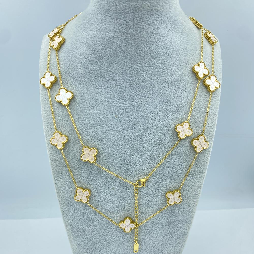 

Ожерелье из титановой стали 13 мм 90+5 см 20 цветков Двусторонний узор звезды Ракушка Счастливое ожерелье с четырехлистным клевером