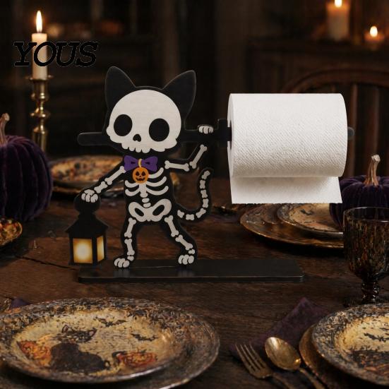 Solid Wood Roll Storage Halloween Paper Towel Holder, Wooden Skeleton/Ghost/Cat/Pumpkin/Witch Stand, Funny Party Supplies Gothic Organizer for Kitchen