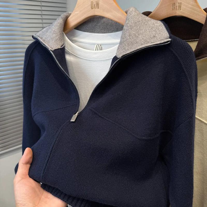 

Color Block Collar Cardigan Men s Knitwear Korean Style Loose Autumn Winter Thickened Sweater Jacket Sports Outer Wear Trendy XXXL темно-синього кольору
