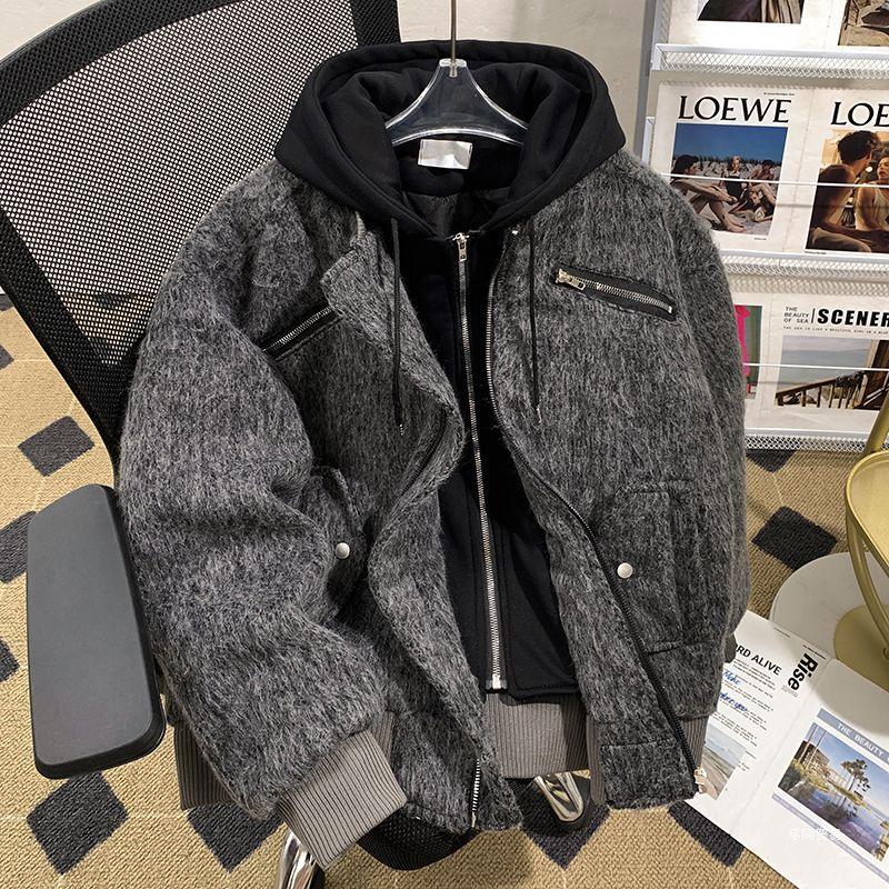 Men's Hooded Woolen Coat: Trendy American Style, Fake Two-Piece, Cool Scoundrel Vibe for Spring, Autumn, and Winter