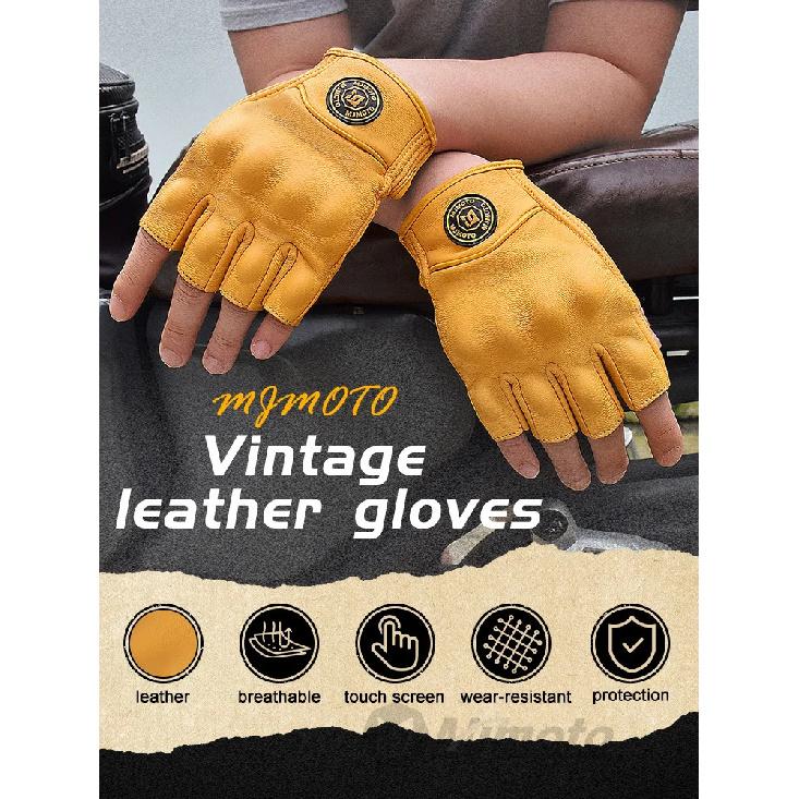 MJMOTO Retro Leder Motorrad Halbfingerhandschuhe Touchscreen Motocross Handschuhe Hartschalen Schutz Motorradhandschuh Atmungsaktiv