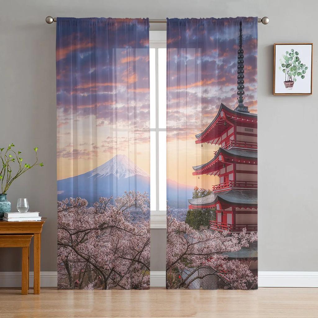 Japan Mount Fuji Cherry Blossom Sheer Curtains for Living Room Decoration Window Curtain Kitchen Tulle Voile Organza Drapes