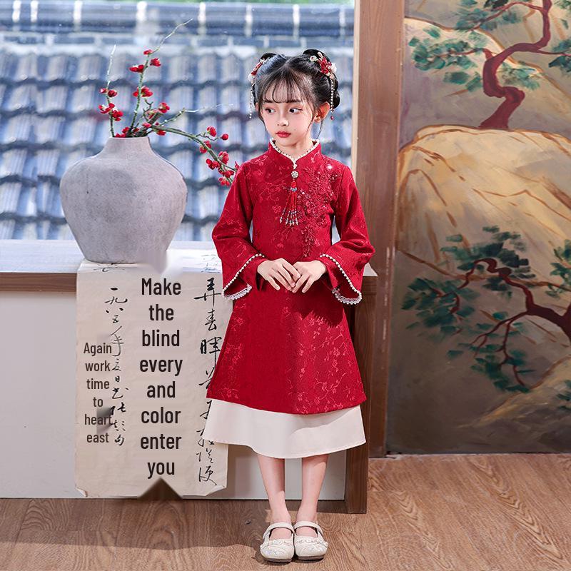 Girls' New Year Long-Sleeve Qipao: Children's Chinese-Style Autumn/Winter Dress 2026