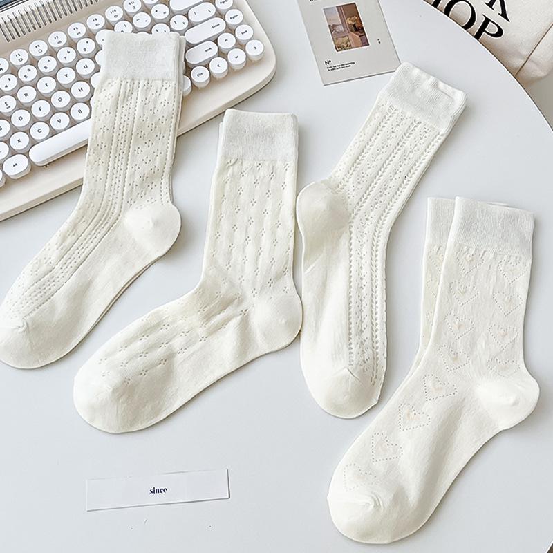 Women's Japanese Style Breathable Pure Cotton Long Socks - Milky White, Soft Pile, Versatile for Spring and Autumn.
