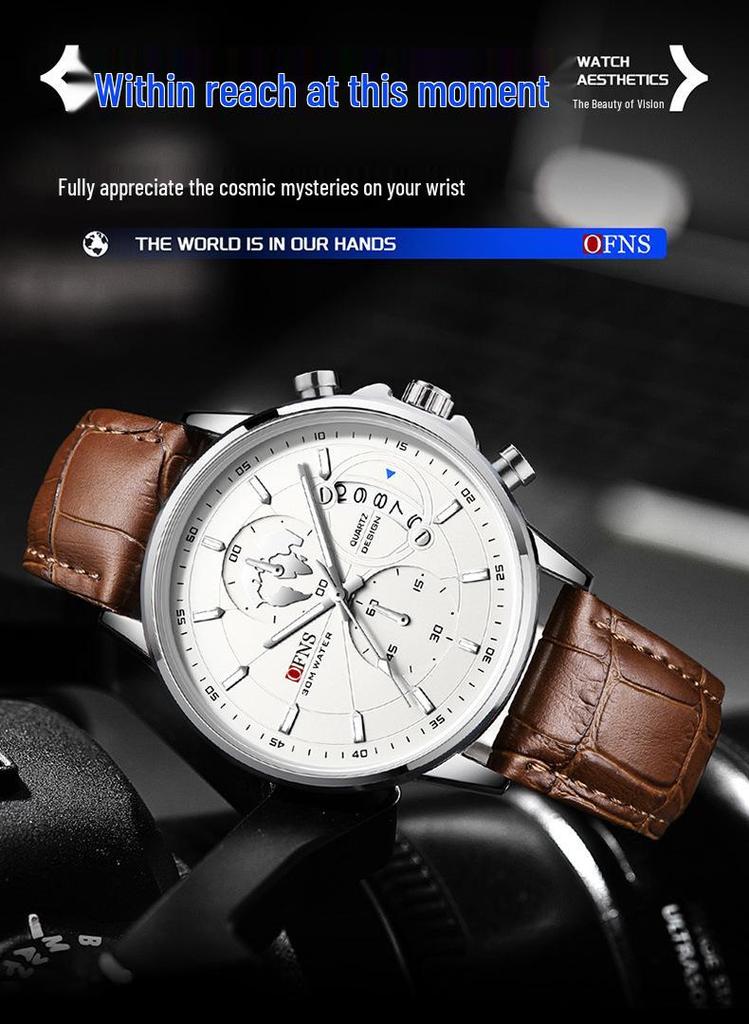 OFNS Men's Fashion Business Watch: Six-Hand Leather Strap, Waterproof with Calendar.