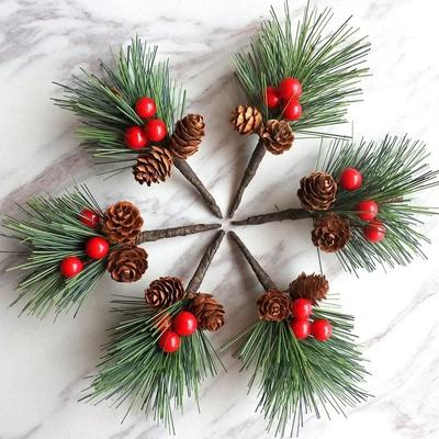 10Pcs Artificial Christmas Pine Needles Simulation Pine Cone with Holly Branches Xmas Gifts Home Party Decoration Flower Crafts