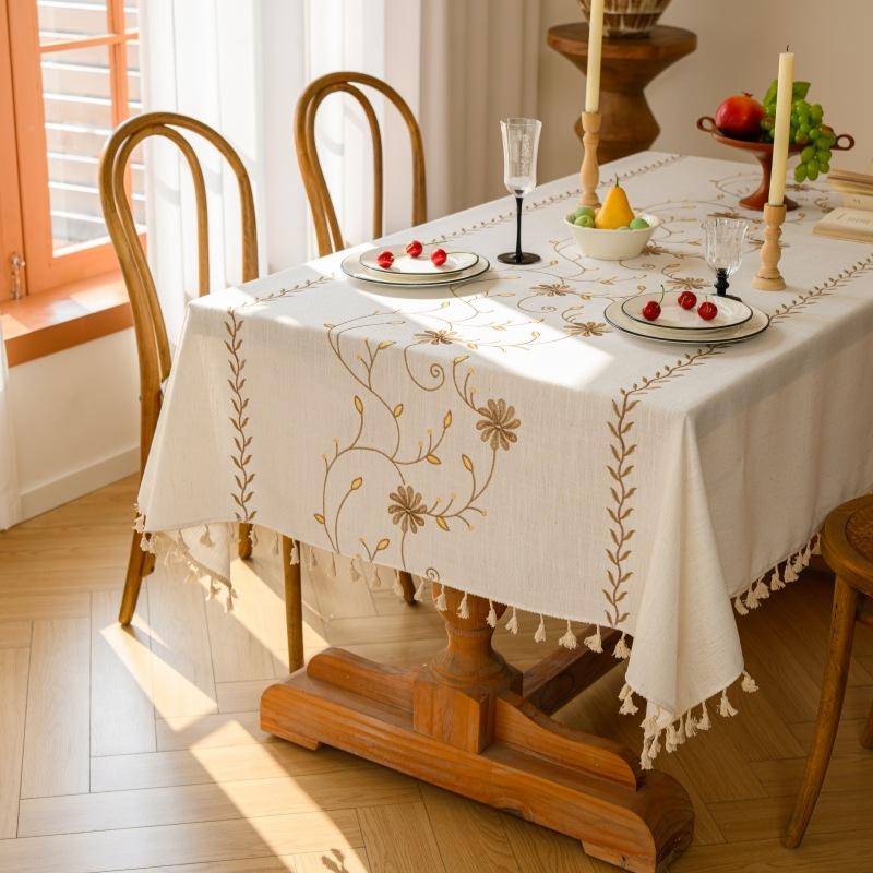 Embroidery High-Grade Waterproof Cotton And Linen Fabric Dining Table Cloth Rectangular Fringe Simple Tablecloth