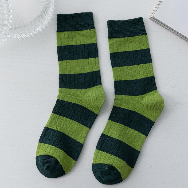 Green Striped Socks for Women's Autumn and Winter Trendy Socks In A Color-blocked Style. Wear Mid-calf Socks for Women