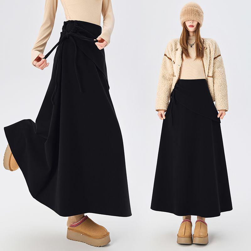 2025 New Design Women's Irregular Gray Woolen A-Line Tie-Up Long Skirt for Autumn/Winter