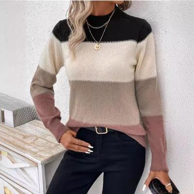 Color Blocking Sweater Women's Pullover Round Neck Long Sleeved Knitted Sweater Casual Versatile Top