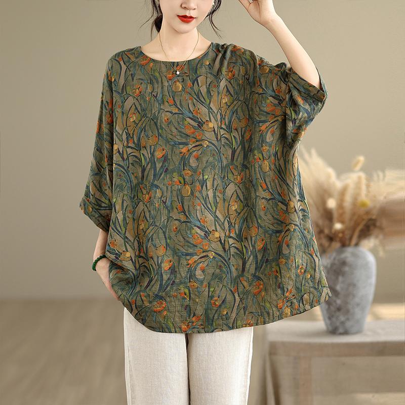 Dimanaf 2025 Summer T-Shirt Plus Size Women Flower Printing Batwing Sleeve Loose Tops Casual
