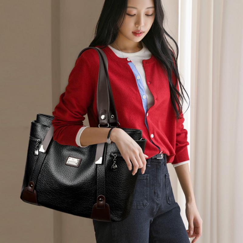 Women Vintage Faux Leather Tote Shoulder Bag, Large Capacity Commute Handbag with Detachable Crossbody Strap, Multi Zipper Pockets Retro Daily Travel
