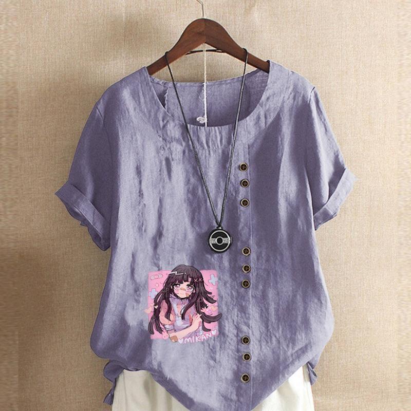 Women's Fashion Round Neck Short Sleeve T-shirt Casual Cotton Linen Graphic Shirt Leisure Loose Pink Girl Prined Summer Blouse Tops