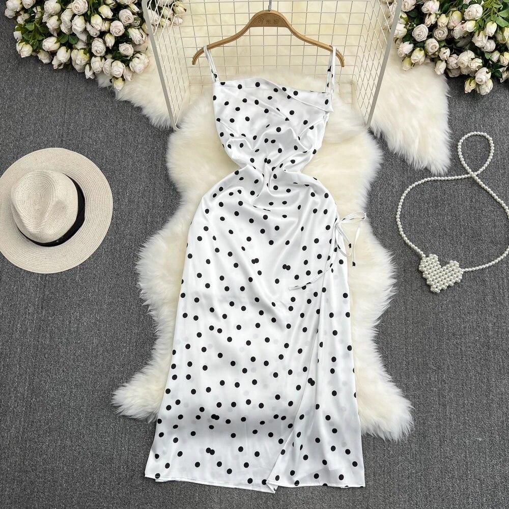 

Летнее платье для женщин с тонкой талией, без рукавов, на бретелях, женское модное платье в горошек с завязками One Size белый