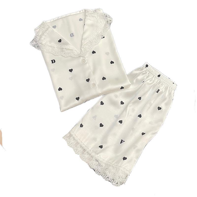 Summer Lace French Polka Dot Age-Reducing Girl Pajamas Short-Sleeved Set Cardigan Ice Silk Loungewear