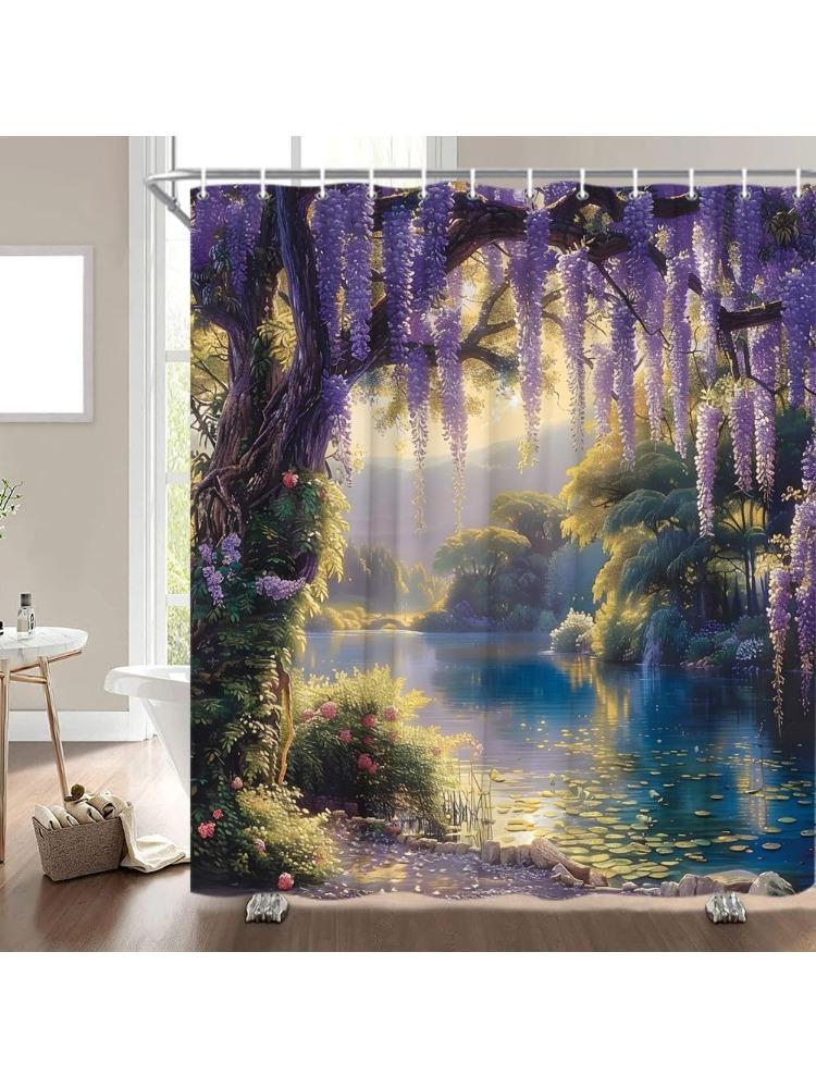 Fantasy Forest Shower Curtain Purple Floral Lake Mountain Wisteria Vine Plant Flower Dreamy Spring Garden Fairy Tale Landscape 90x180CM